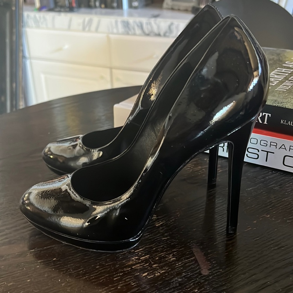 Brian Atwood Black Paton leather round toe platforms